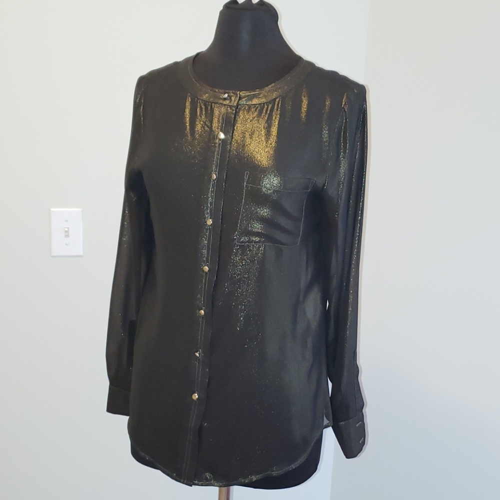 New Ann Taylor Black Sheer Blouse w Gold Shimmer